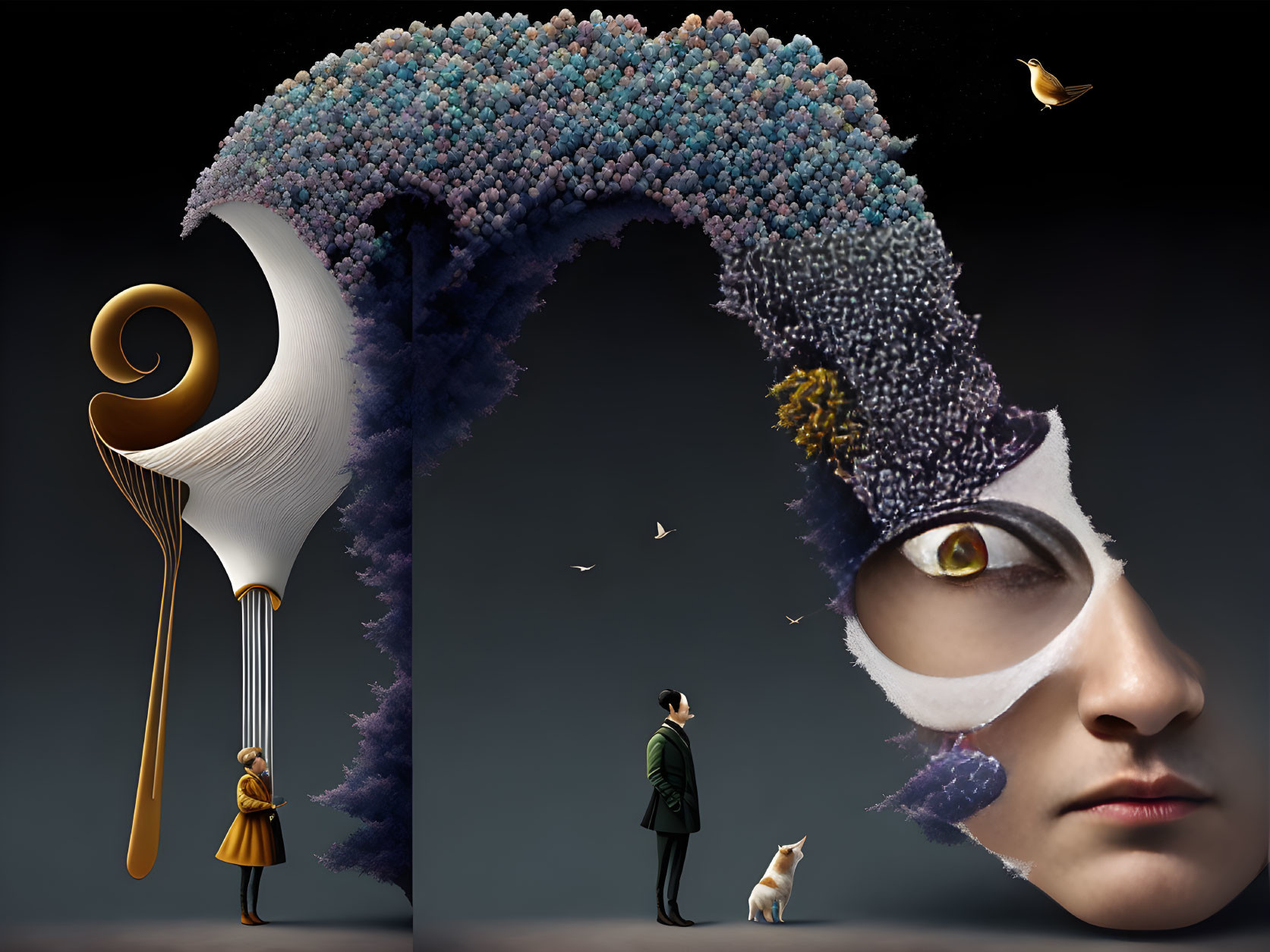 Surreal collage: giant flower wave, human with dog, eye butterfly