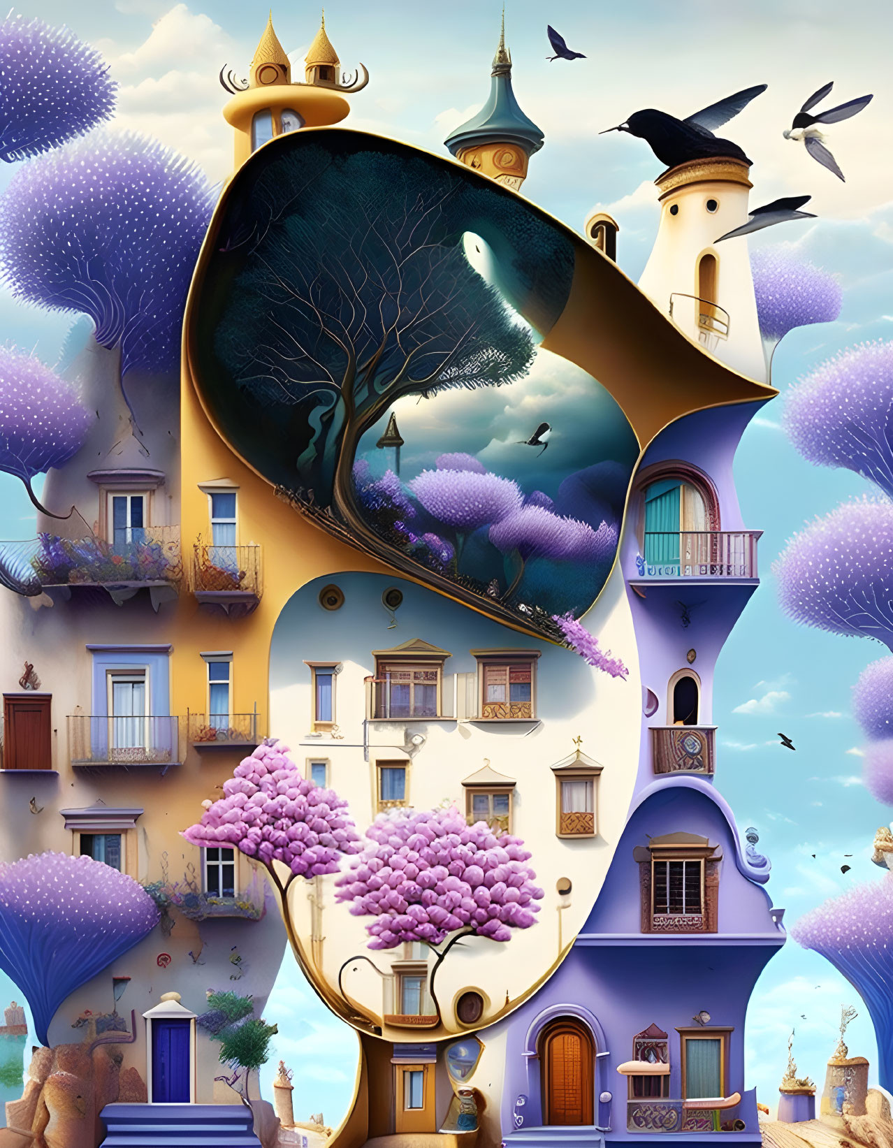 Surreal architectural artwork with vibrant colors and playful birds