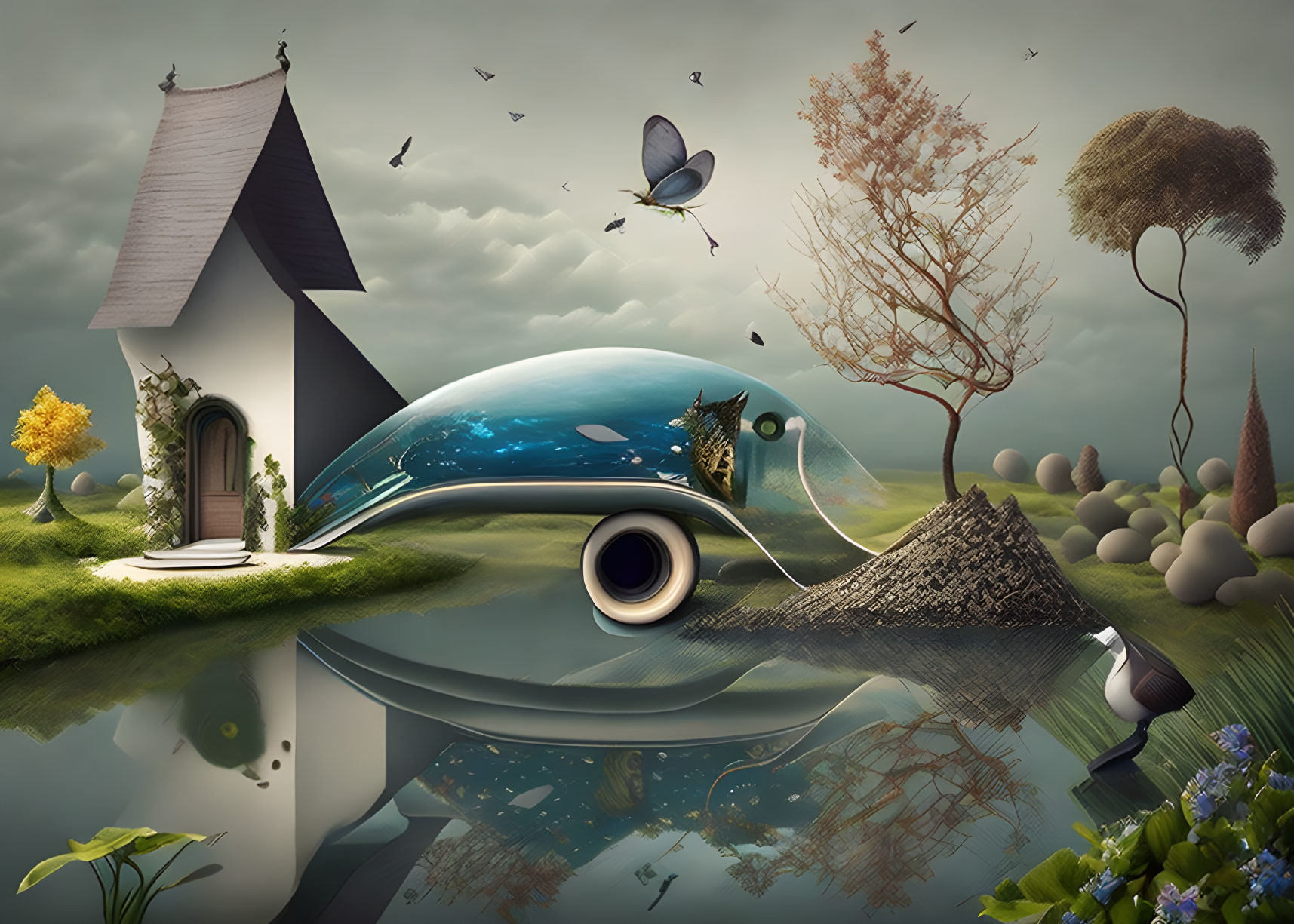 Surrealist landscape with small house, reflective water, flying birds, large eye, tree, butterfly