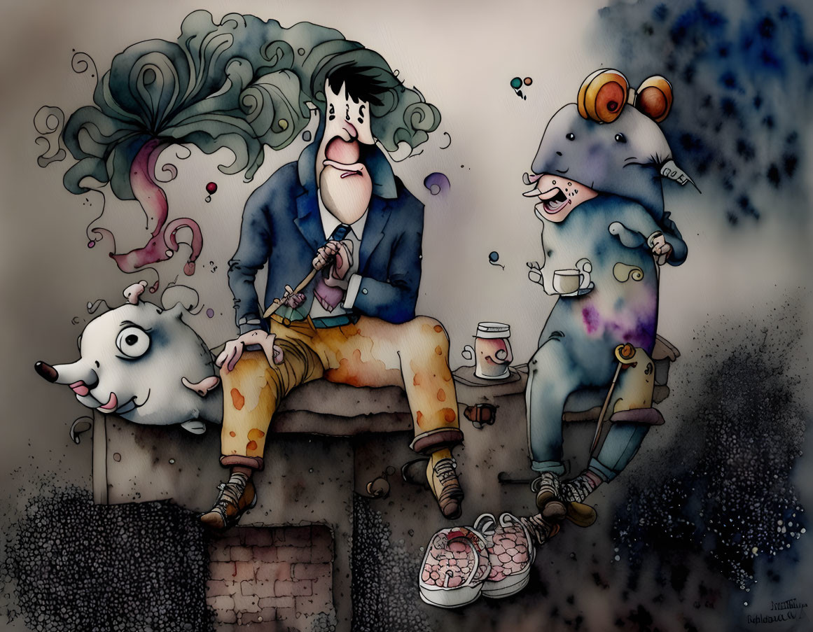 Whimsical characters playing flute with surreal pig among coffee cups