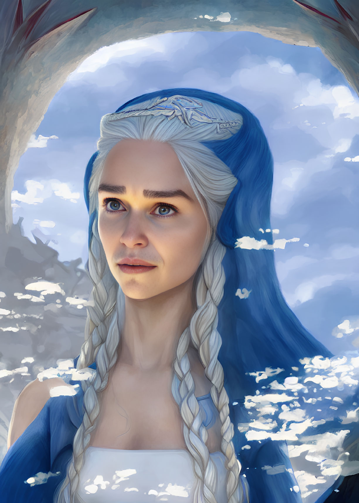 Pale-skinned woman with long braided white hair and blue headpiece gazes up at dragon silhouette