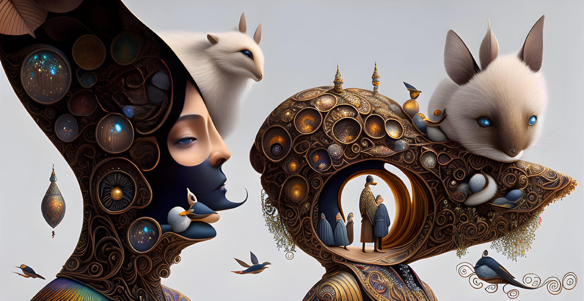 Ornate surreal artwork with cosmic and animal figures in circular portal