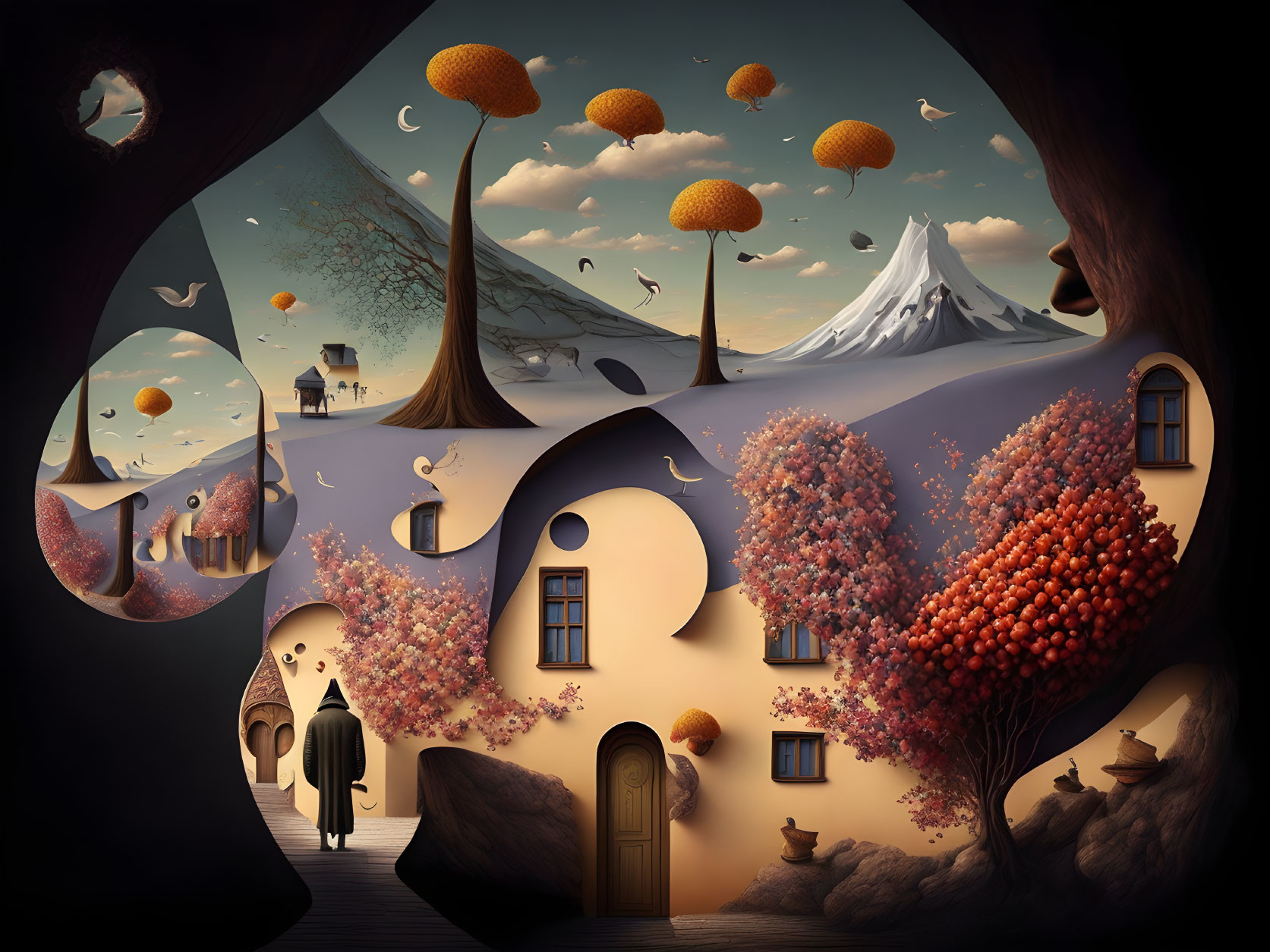 Whimsical surreal landscape with floating islands and figure walking towards door