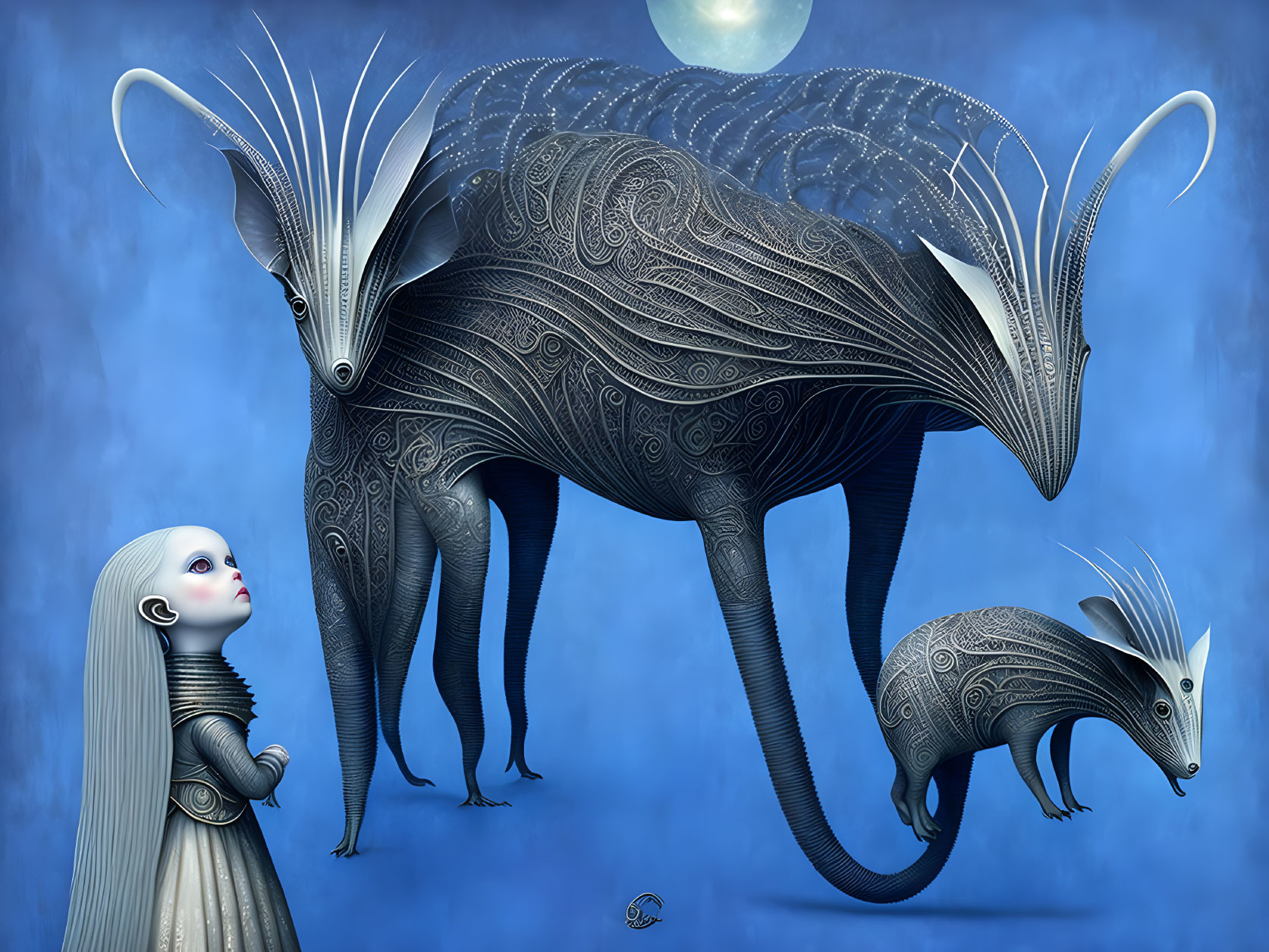 Surreal illustration of girl and ornate creatures under moonlit sky