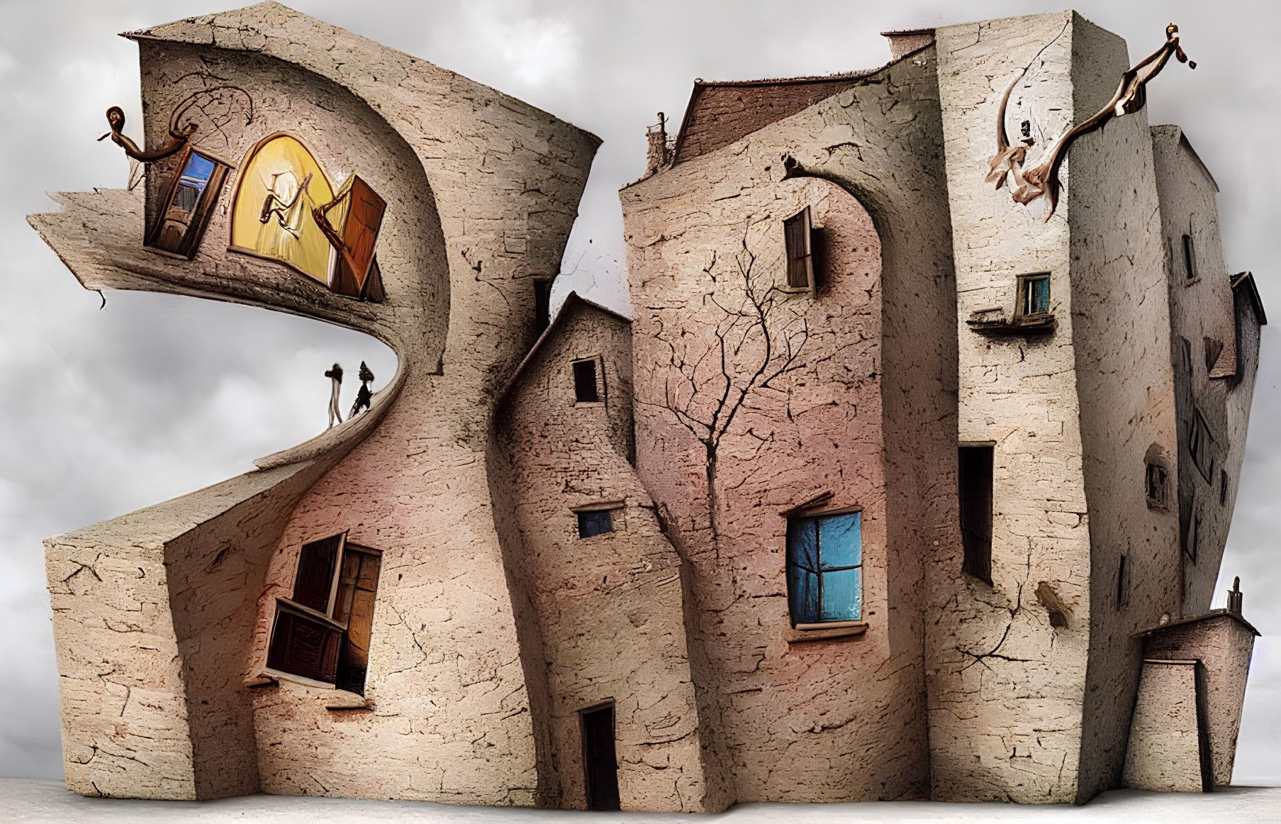 Distorted surreal buildings under cloudy sky: dream-like and whimsical.