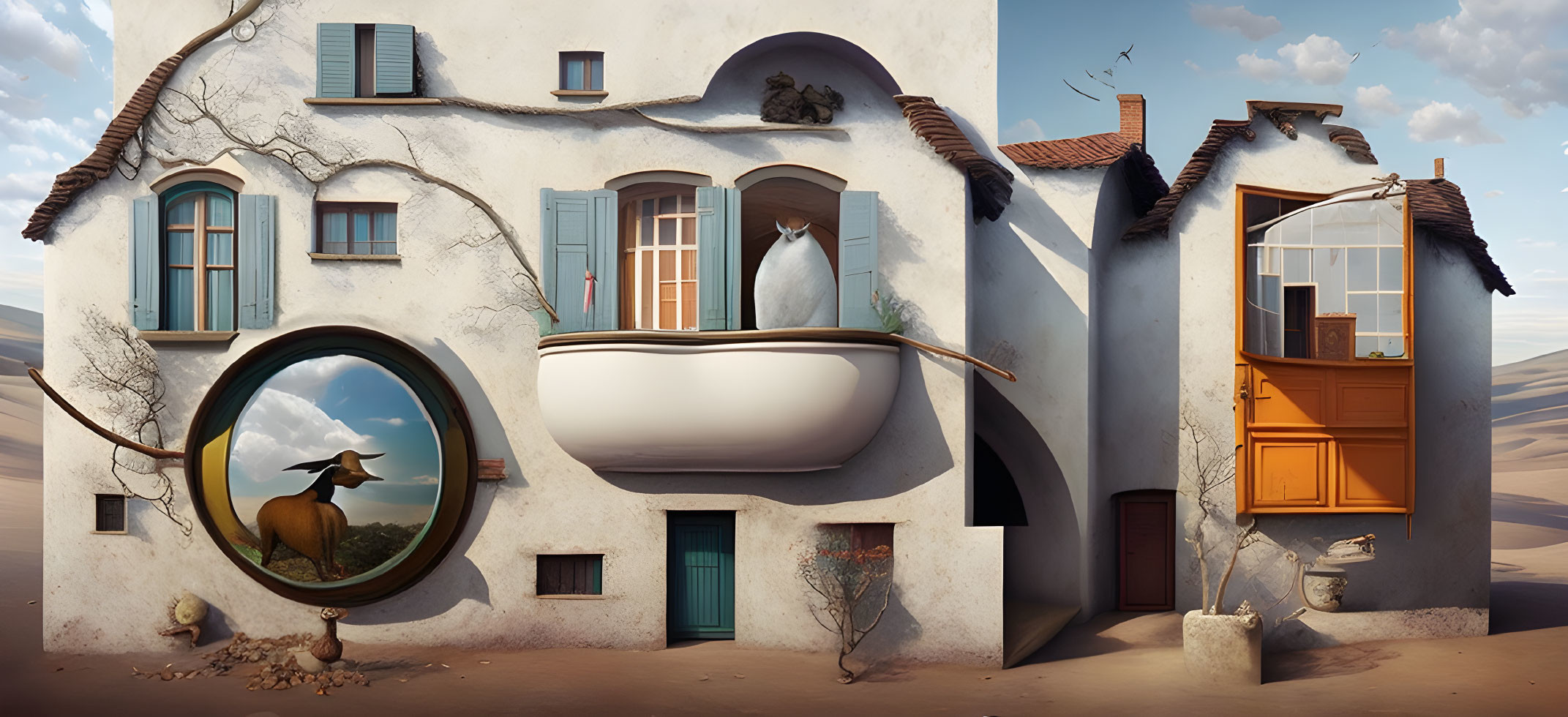 Surreal architectural painting with anthropomorphic features in desert landscape