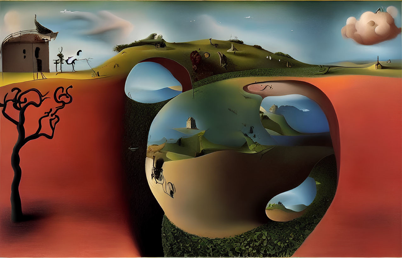 Surrealist landscape with distorted shapes, reflective surfaces, barren trees, and dramatic sky