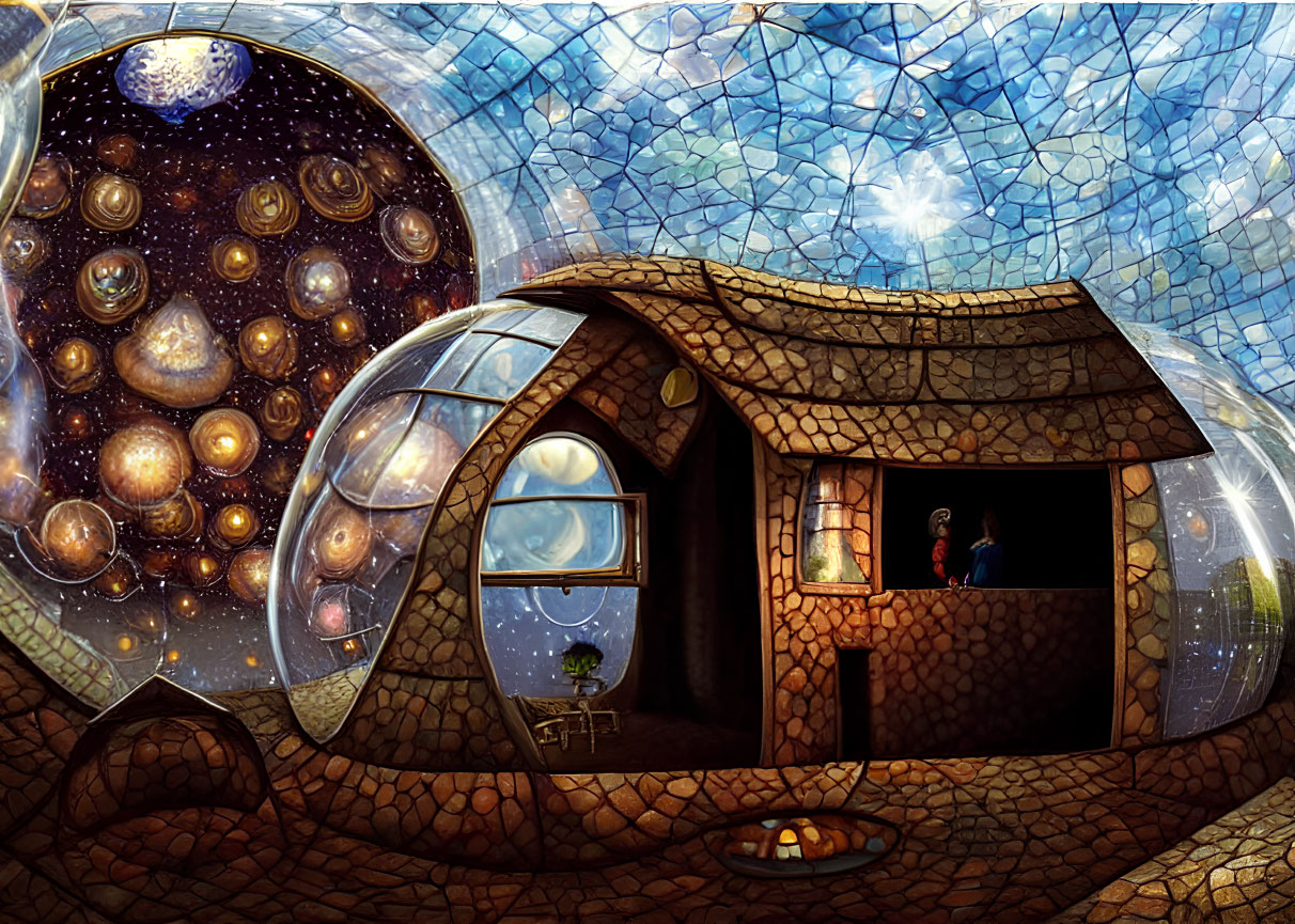 Stone facade whimsical cottage with stained glass-style cosmic bubble window