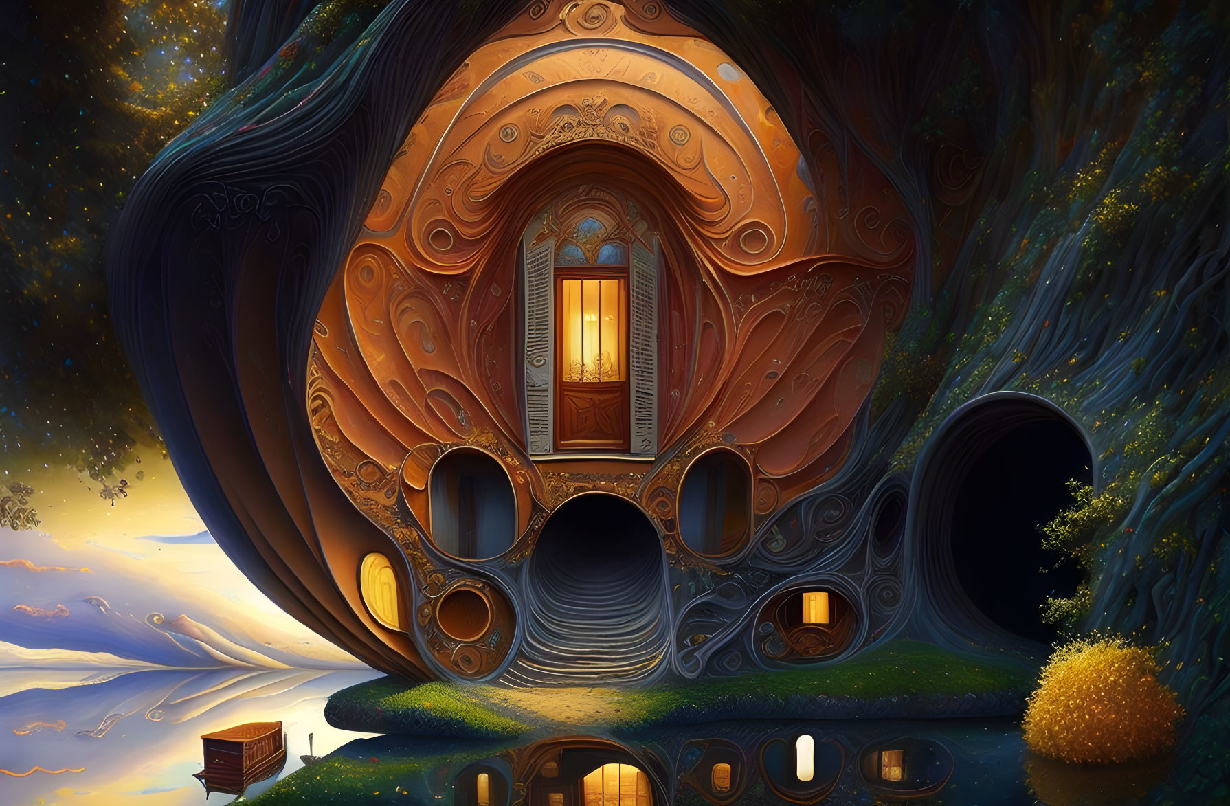 Fantastical treehouse illustration with swirling designs against starry sky