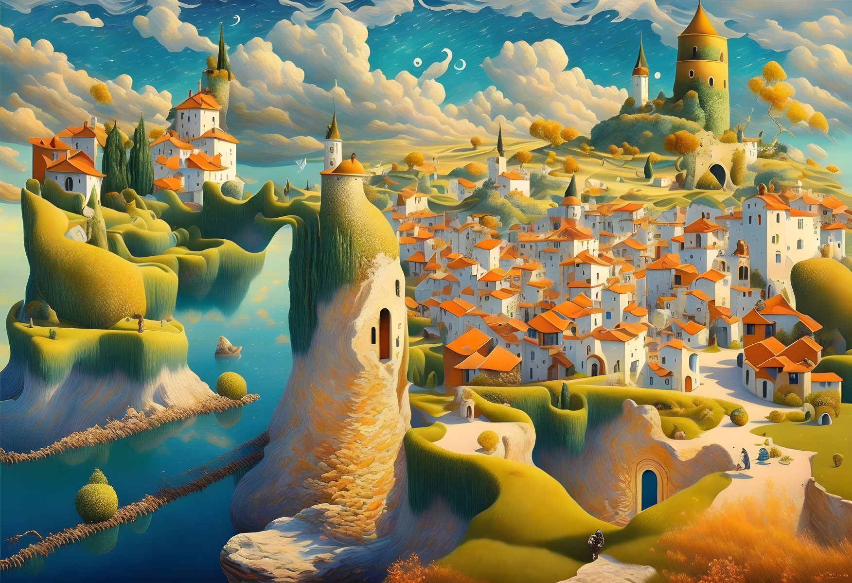 Colorful surreal landscape with whimsical hills, houses, and castles under dynamic sky