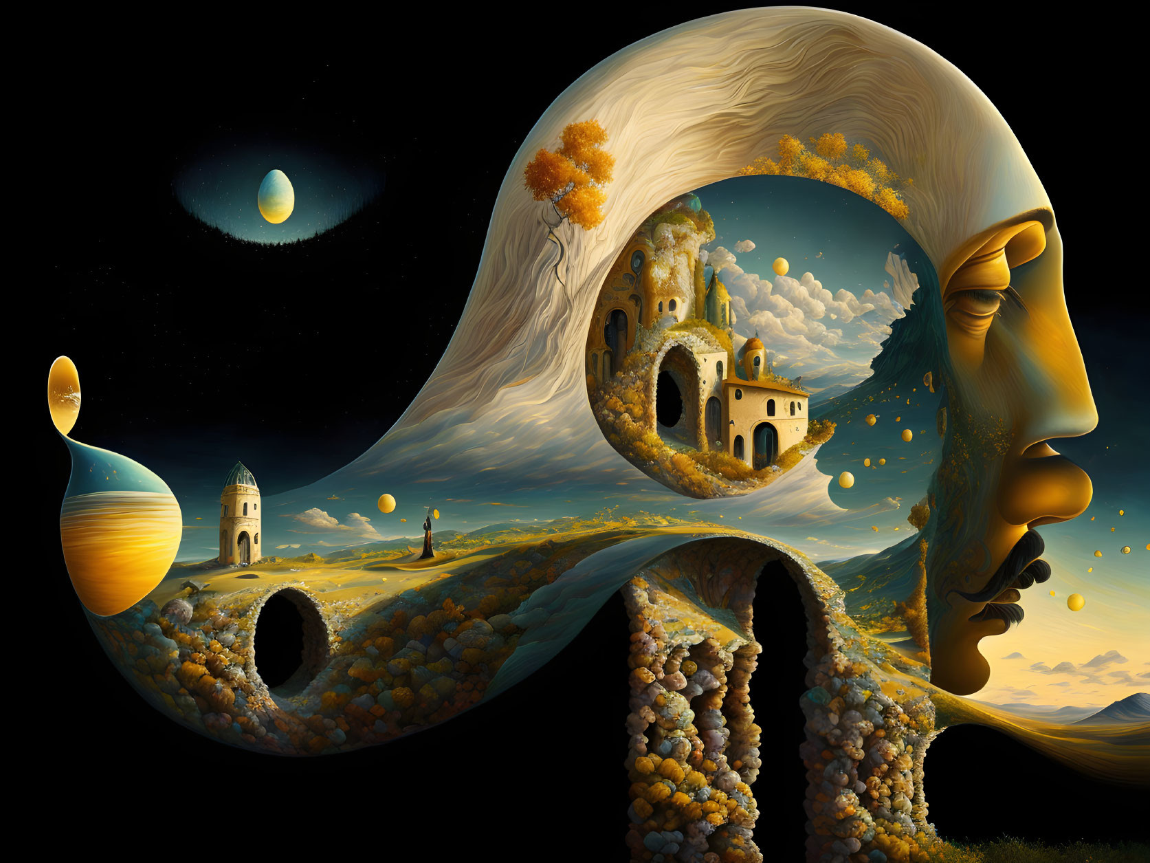 Surreal artwork: face silhouette, architectural landscape, floating orbs, starry sky