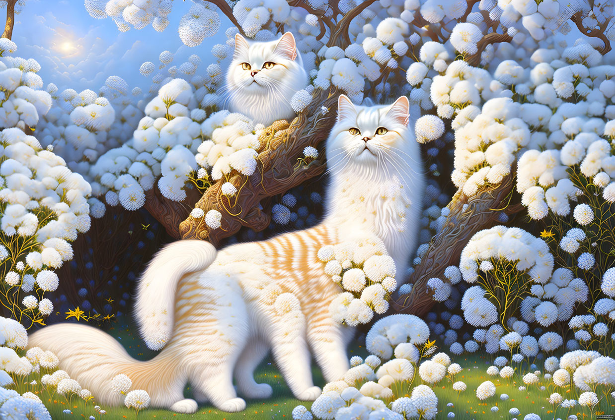 Fluffy white cats on fantastical blooming trees background