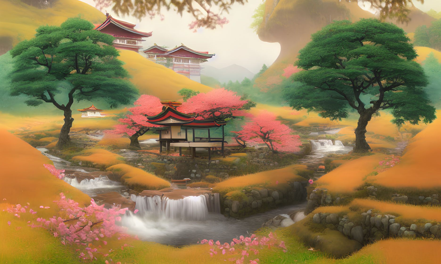 Japanese landscape: Pagoda, cherry blossoms, stream, waterfall, green trees