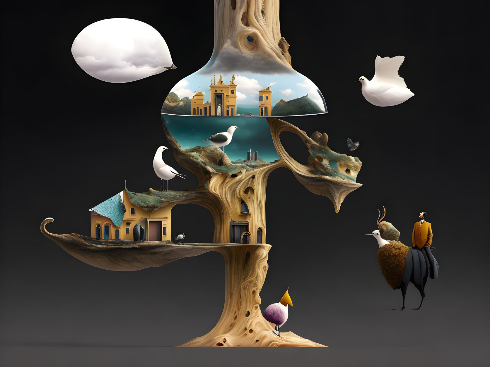 Surreal artwork featuring tree, birds, castle, man with animal head, and creature