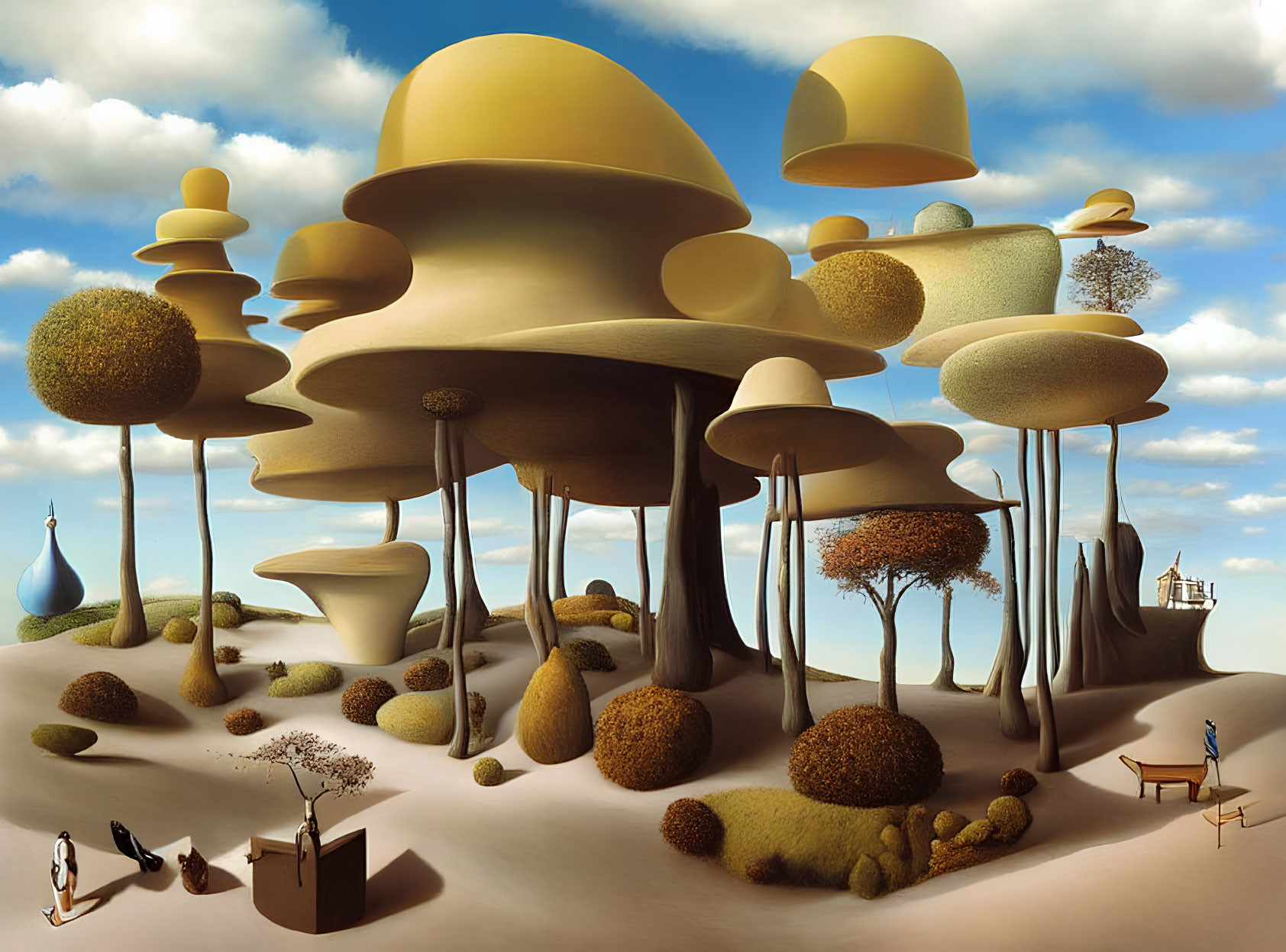 Surreal Landscape with Oversized Mushroom Trees and Tiny Human Figure