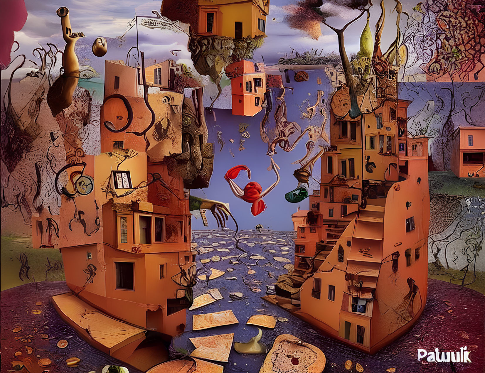 Whimsical surreal landscape with melting buildings and floating objects