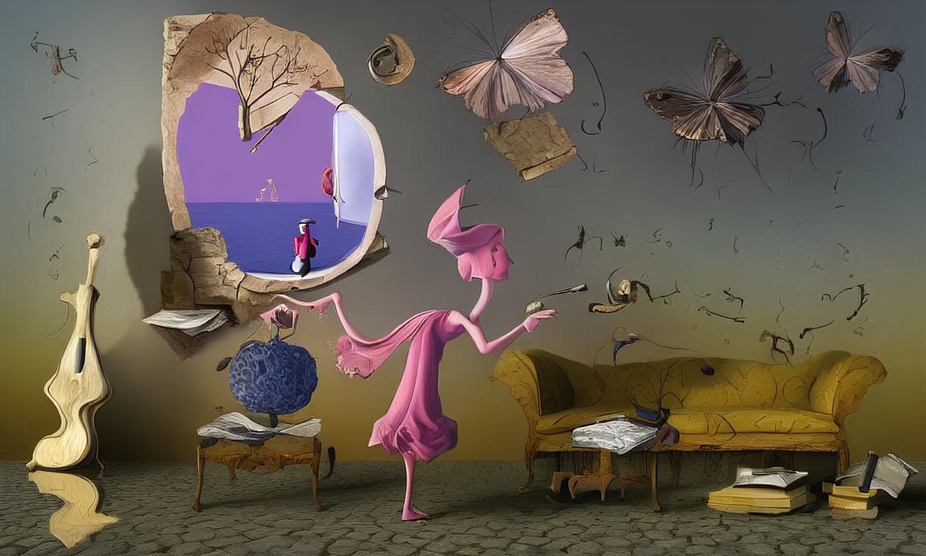 Surreal room with yellow sofa, violin-shaped guitar, books, and whimsical figure in pink