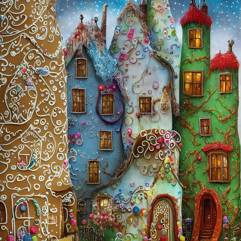 Colorful Gingerbread Village Scene with Whimsical Houses