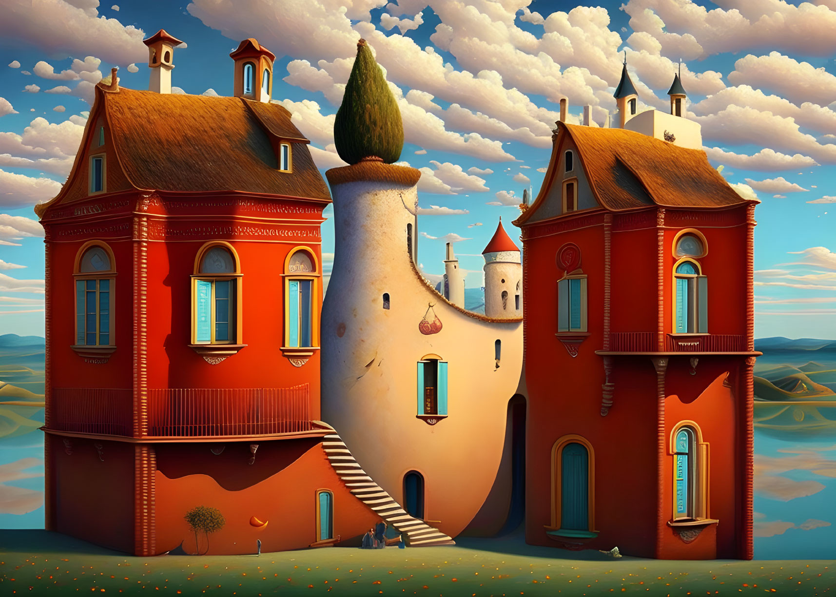 Whimsical surreal artwork: Red buildings with eyes and lips, rolling hills, blue sky