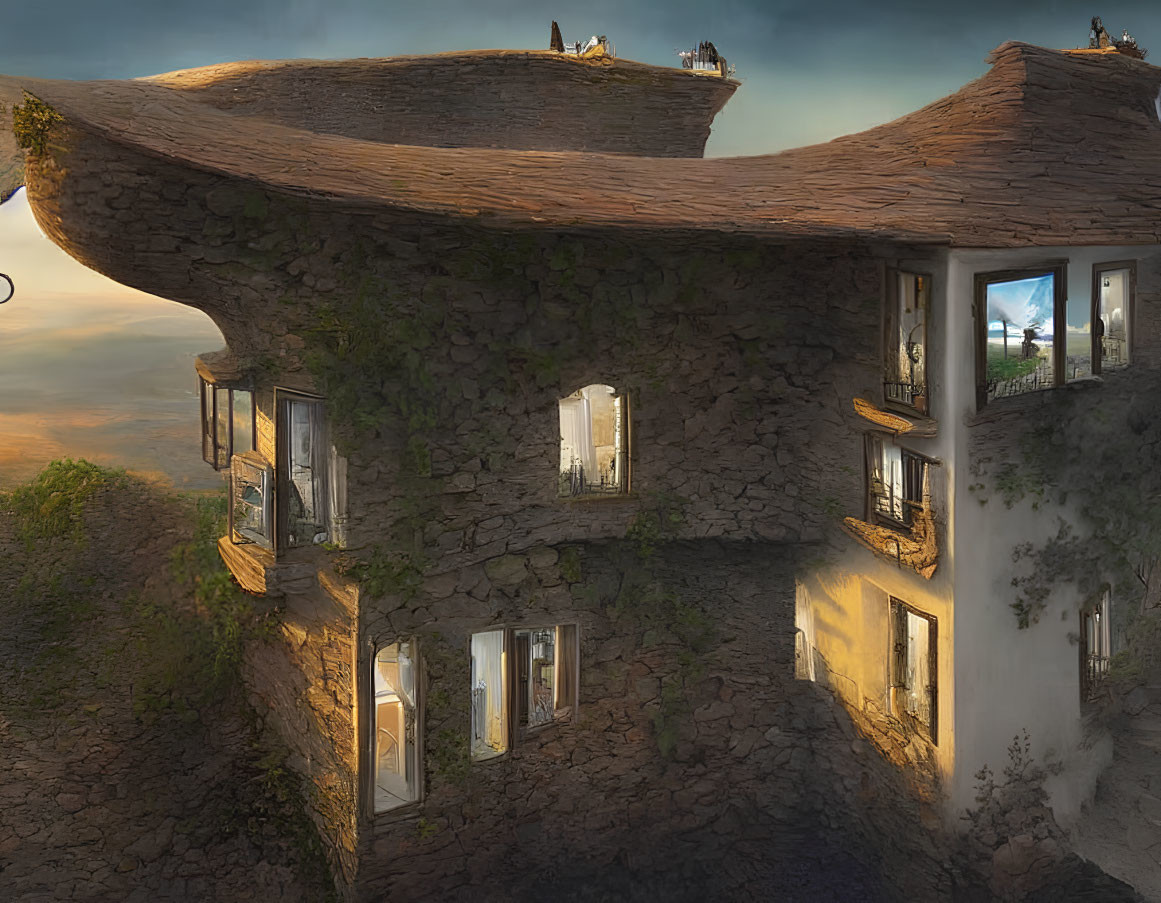 Surreal stone building with twisted structure and reflective windows in dusky sky