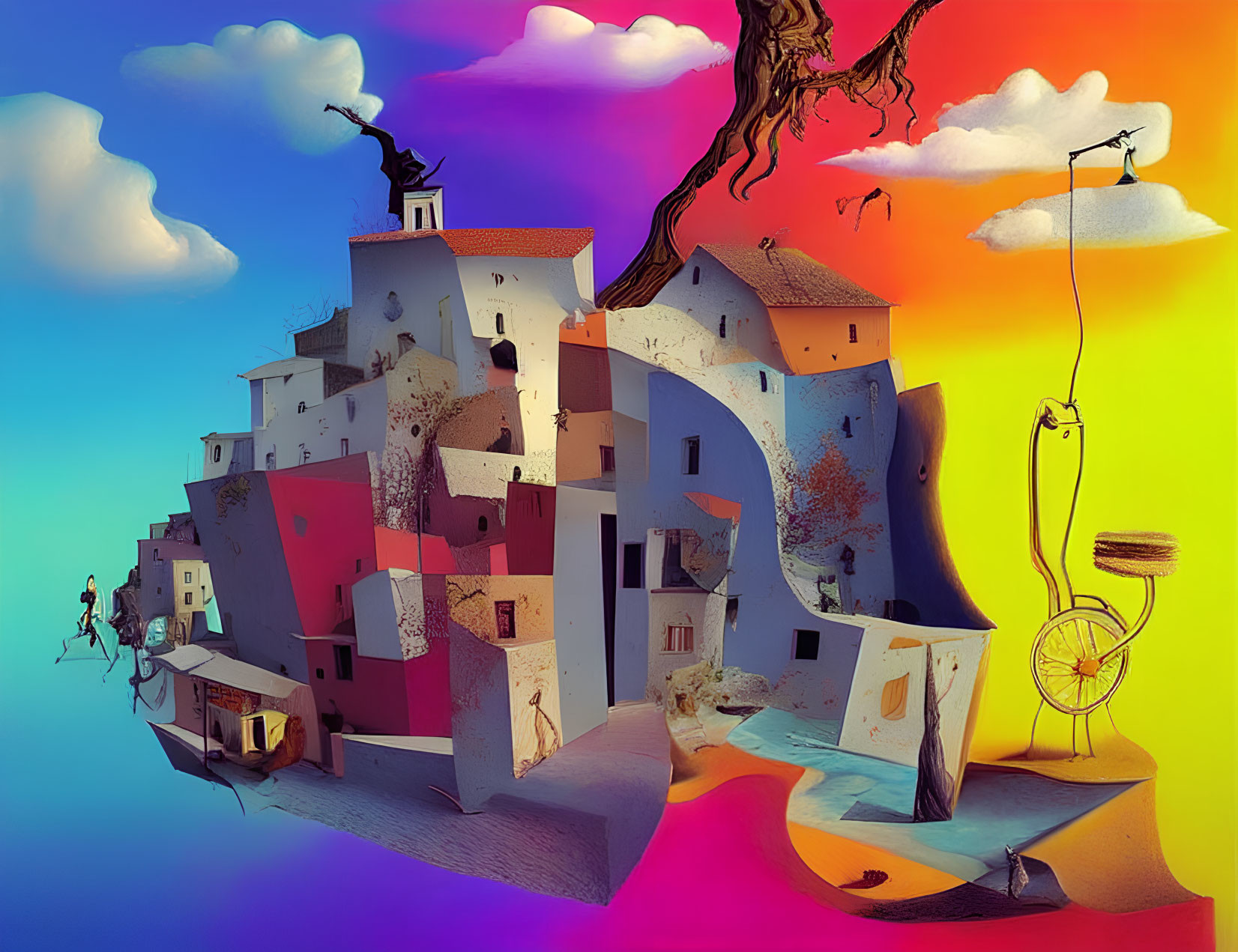 Colorful surreal artwork: twisted village, floating clouds, large tree, abstract elements like hanging bicycle
