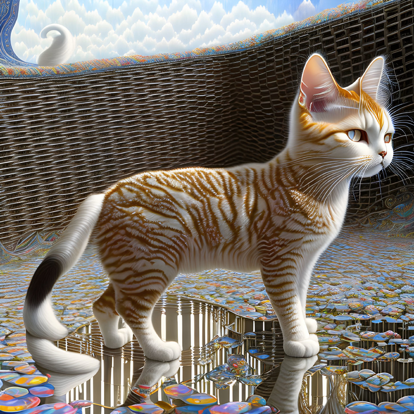 Surreal digitally rendered cat with intricate fur patterns in reflective mosaic environment