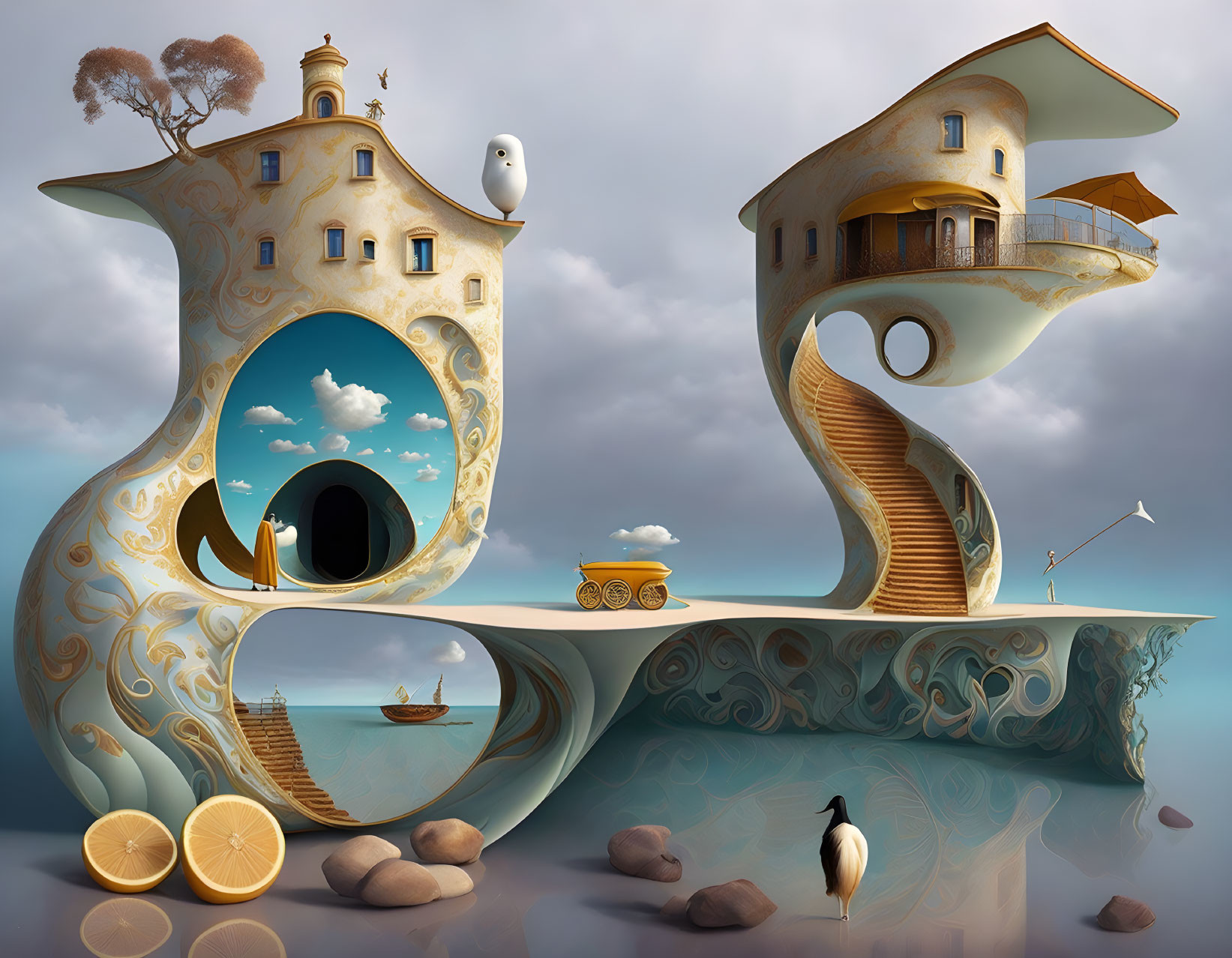 Whimsical surreal artwork: shoes, floating islands, lemons, rocks, bird, clouds,