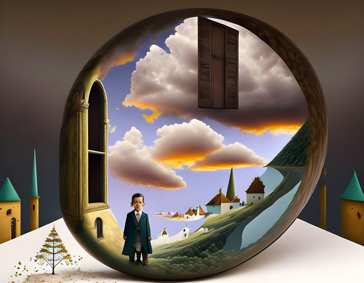 Boy in suit inside transparent sphere reflects countryside with floating door and window in surreal scene