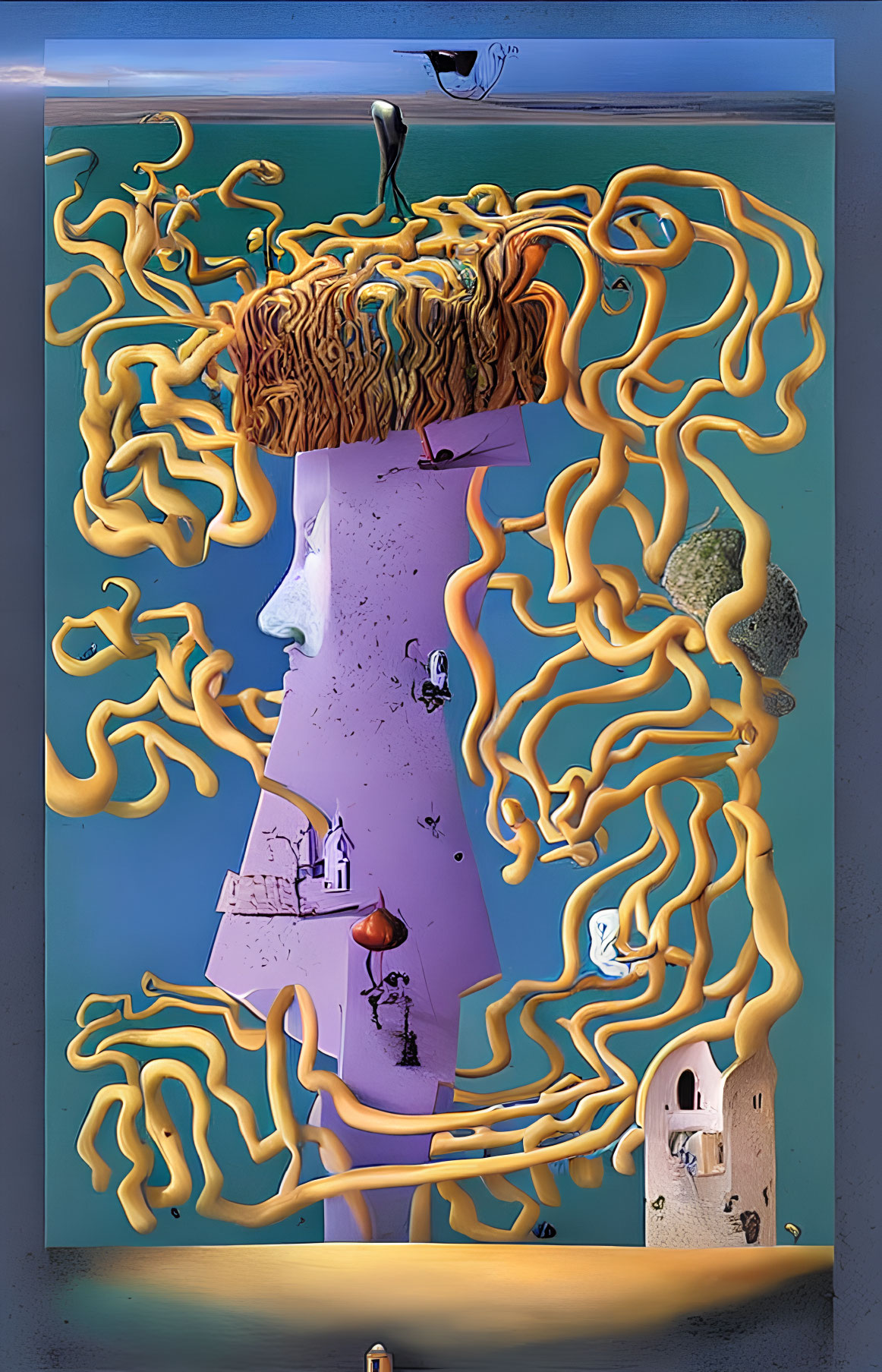 Surrealist artwork: Face profile with noodle-like hair and whimsical structures on blue gradient.