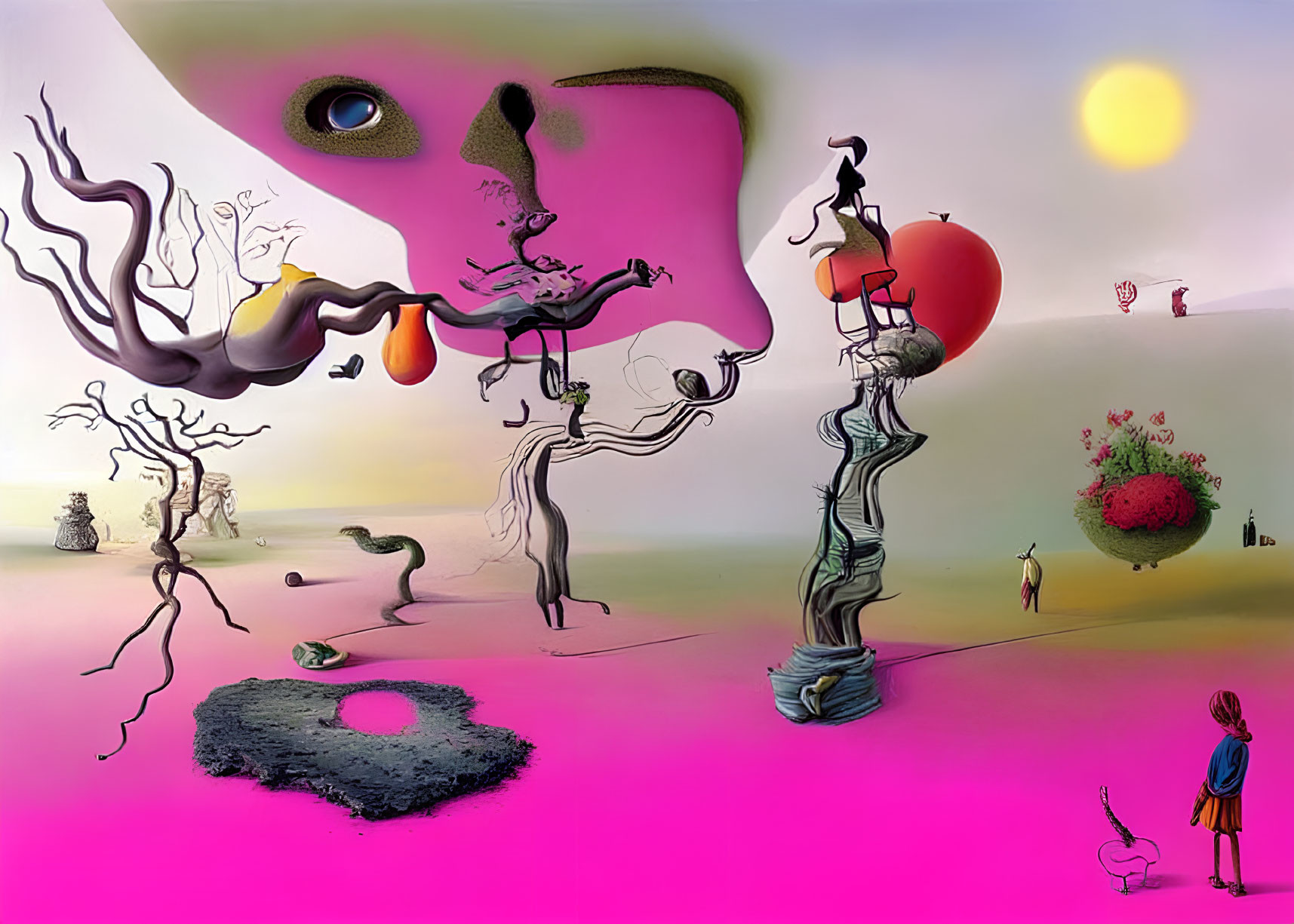 Abstract surreal landscape with distorted figures and large face in pink sky
