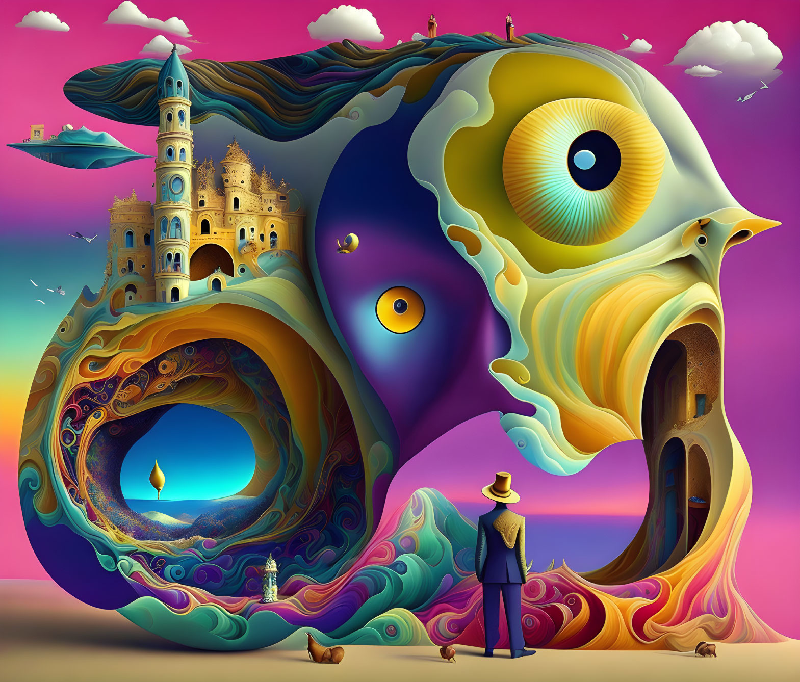 Colorful surreal artwork: abstract fish, man in hat, whimsical structures, floating elements on pink