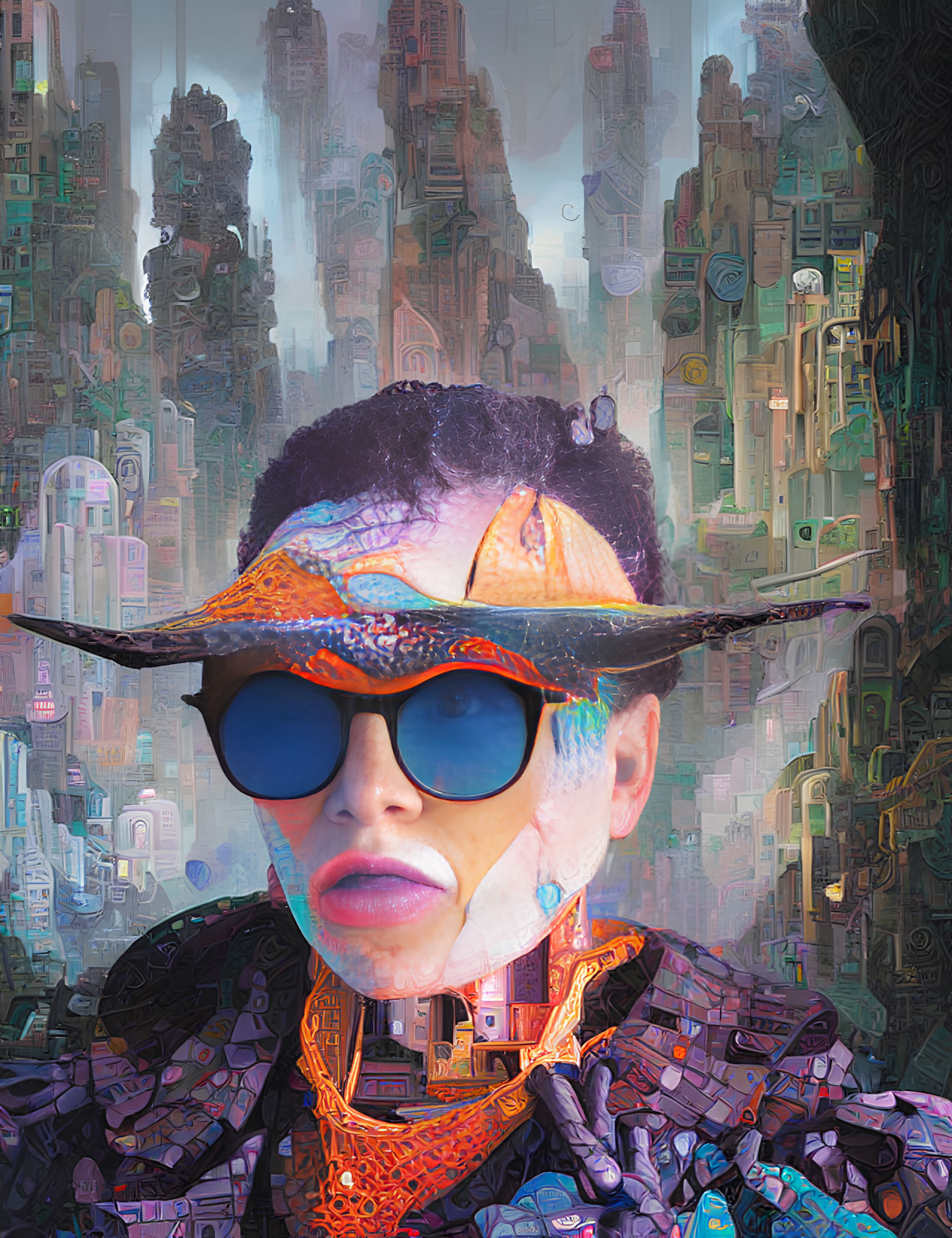 Vibrant digital portrait with blue sunglasses and eclectic attire in futuristic cityscape