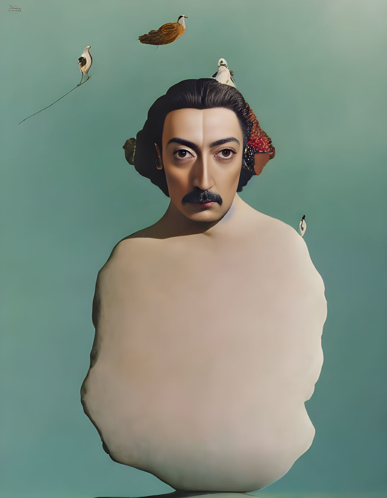 Egg-shaped body surreal portrait with birds and mustache