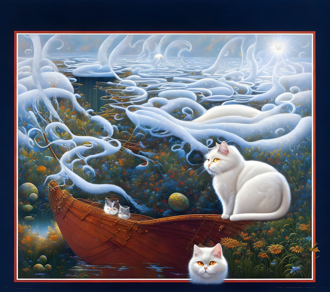 Surreal painting: White cats on boat in fantastical blue waves