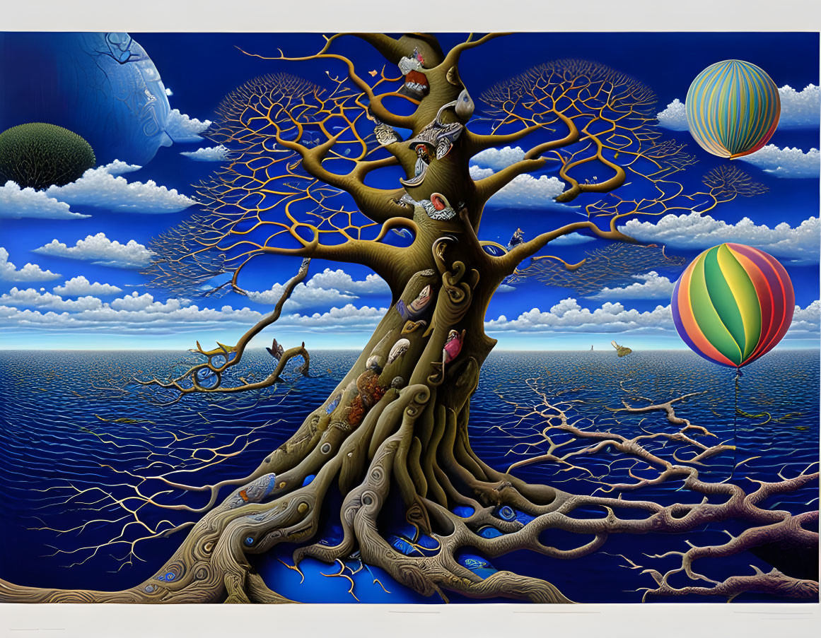 Surreal painting: Large tree with intricate branches and hot air balloons in serene seascape