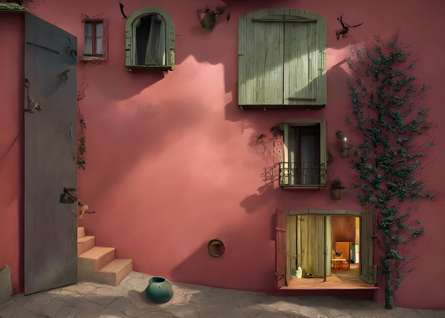 Pink facade with green shutters, ivy, flying keys, cozy interior glimpsed through open door