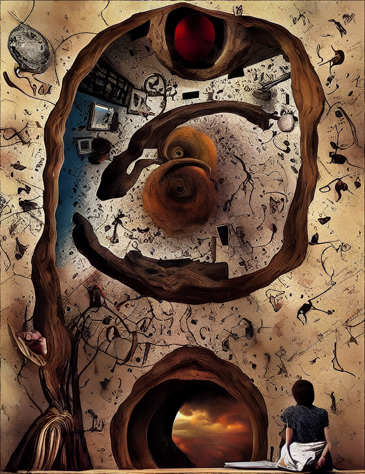 Surreal artwork: person gazes at spiral abyss, surrounded by floating objects and symbols