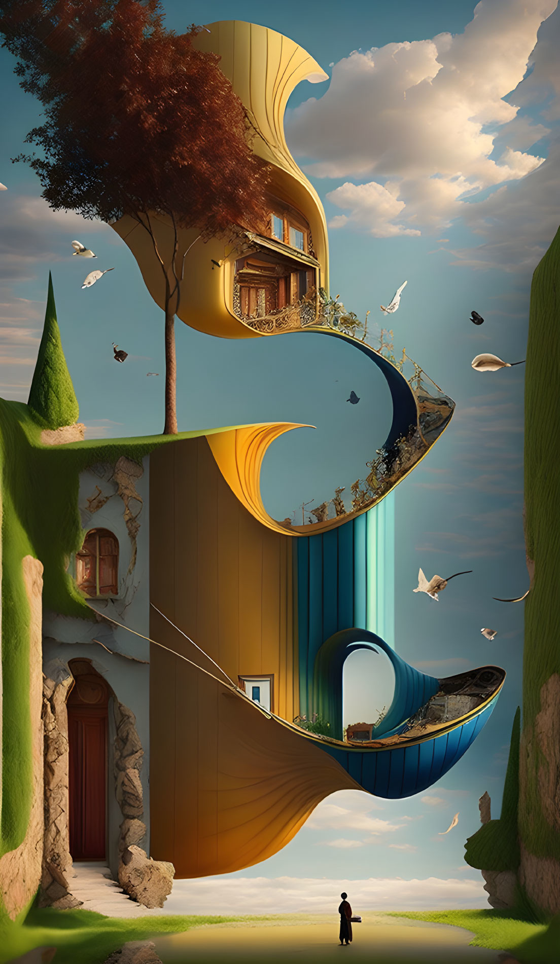 Surreal landscape with violin-shaped building and flying birds