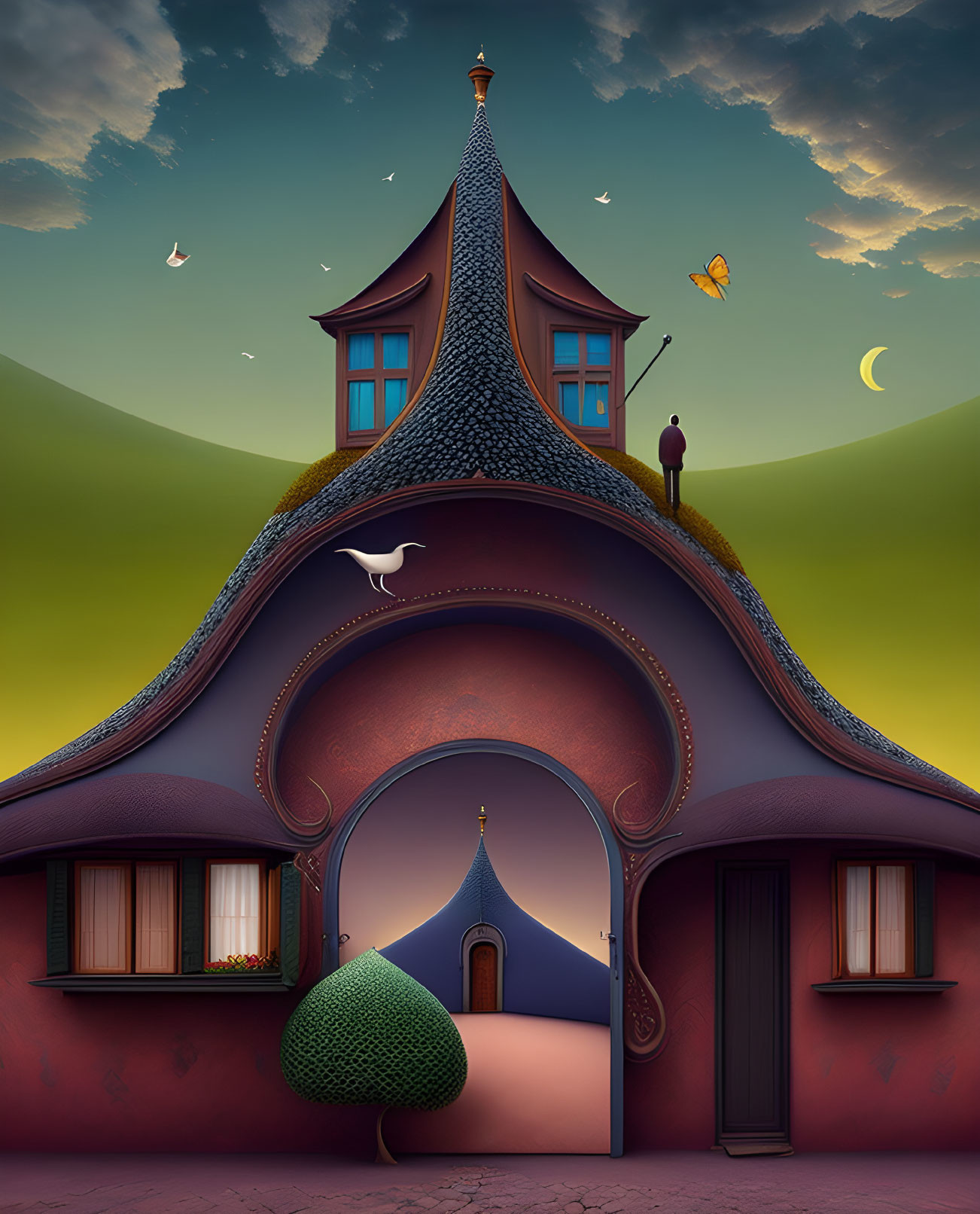 Stylized house illustration with curved roofs and towers at twilight