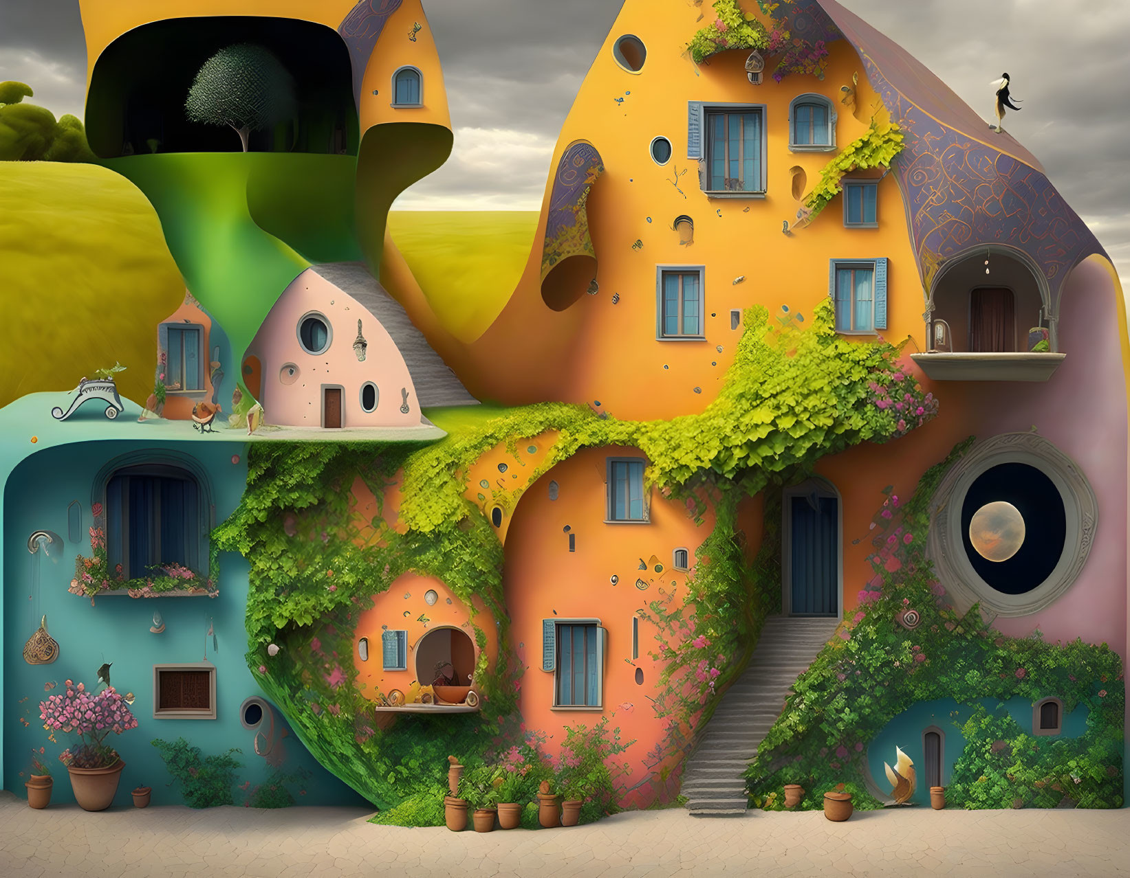 Surreal colorful houses in whimsical landscape with organic shapes