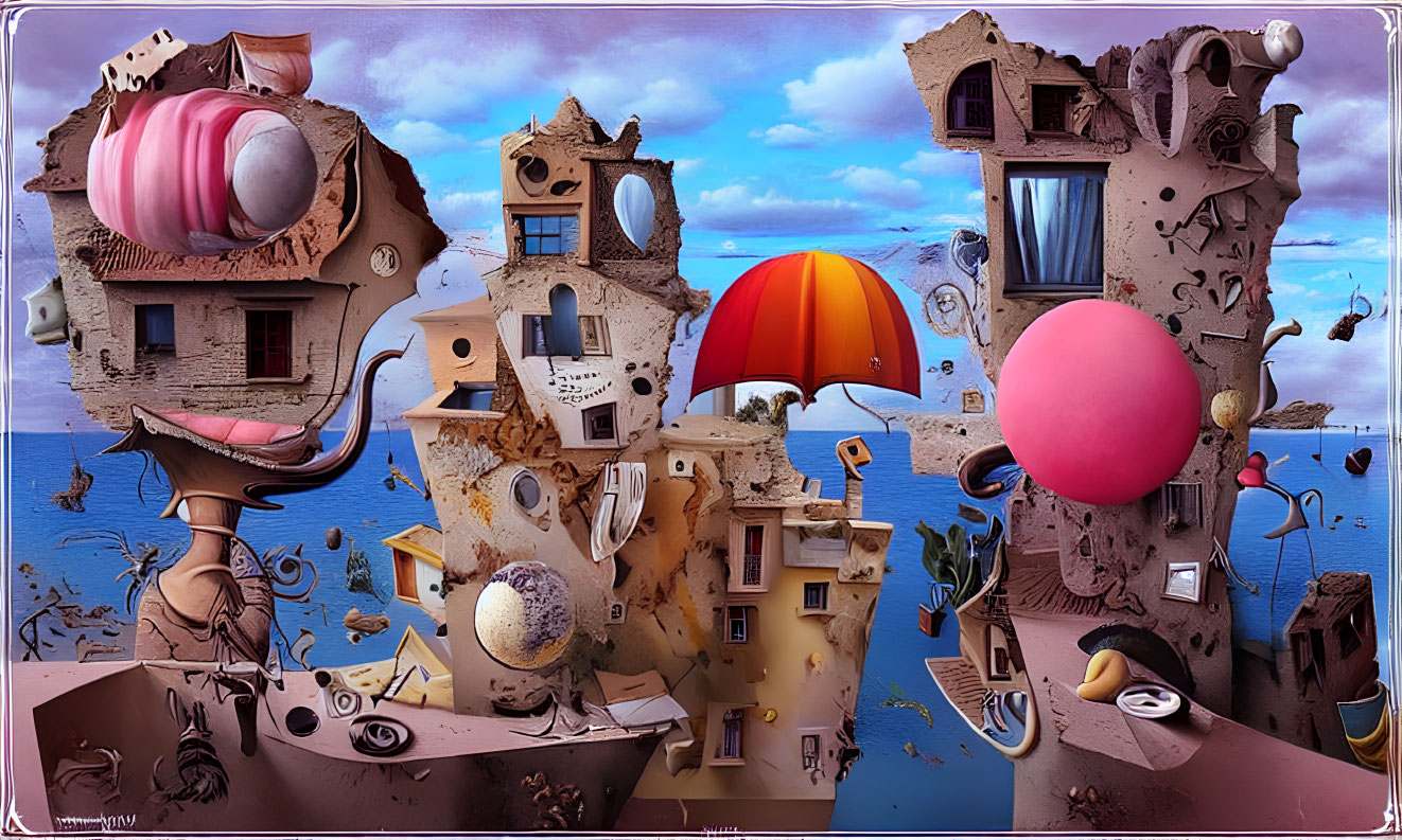 Colorful Surrealistic Landscape with Floating Architectural Elements