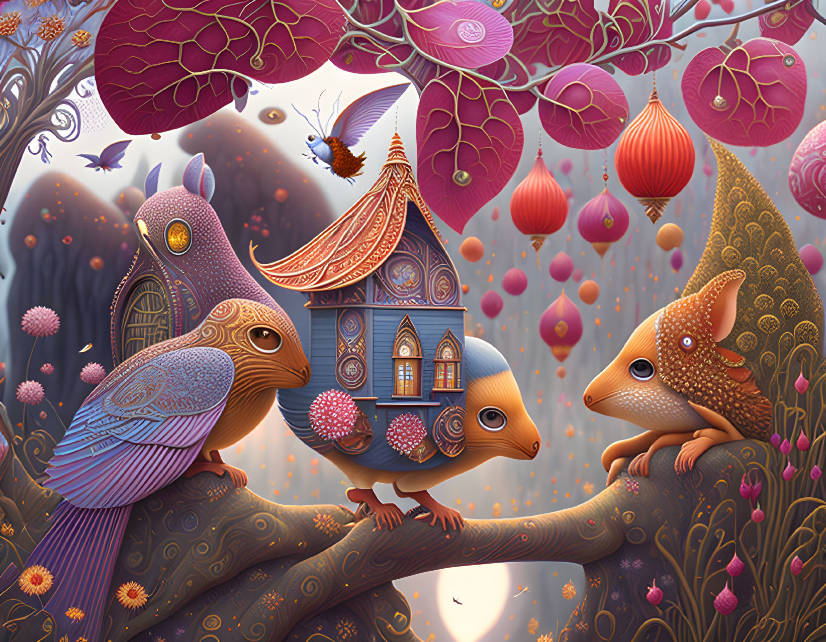 Anthropomorphic owl illustration with ornate house and vibrant surroundings