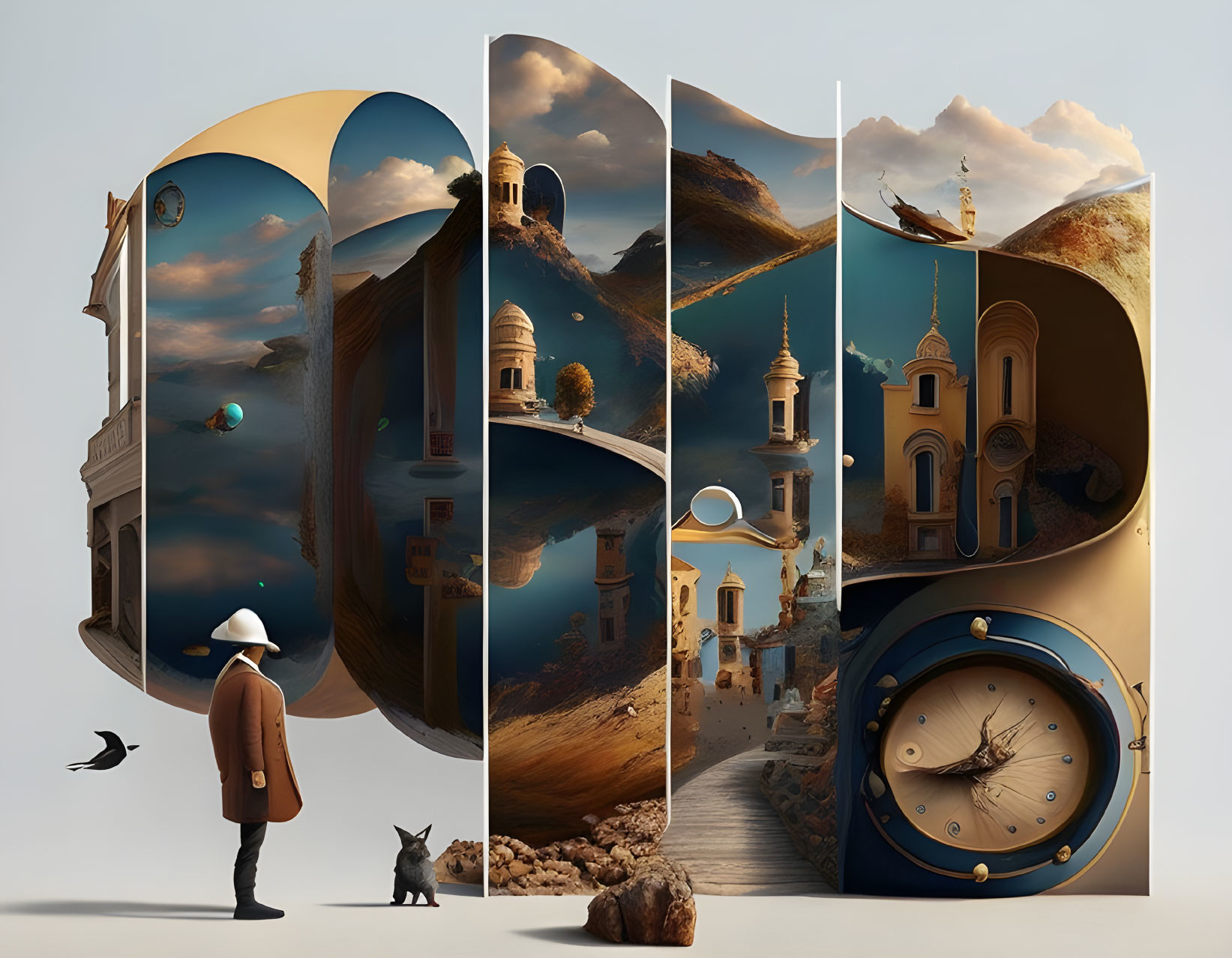 Person and cat view surreal desert landscape with architecture and clock.
