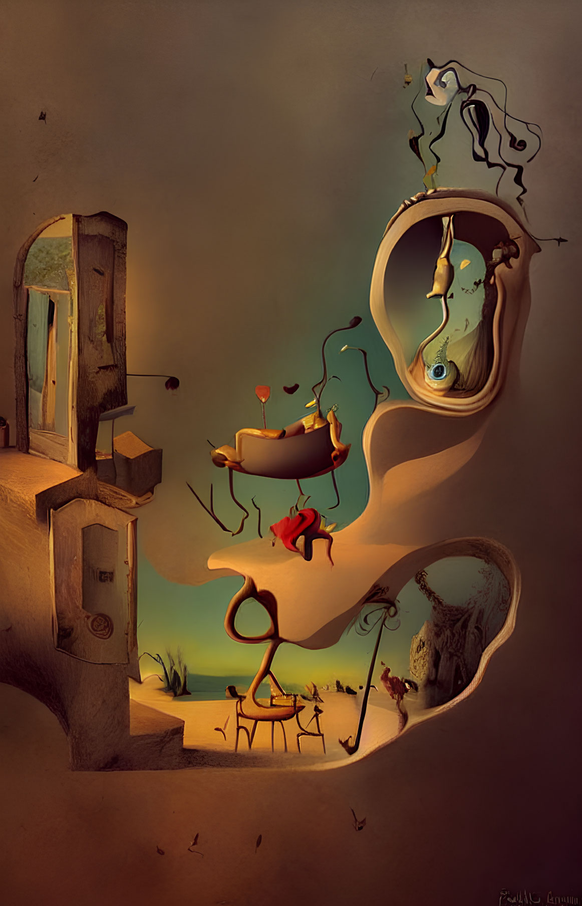 Surreal artwork featuring floating snake-like structures and keyholes in warm ambiance