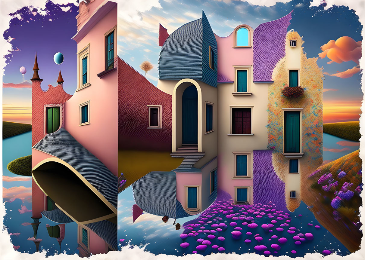 Whimsical surreal artwork: curved buildings, floating orbs, colorful landscape