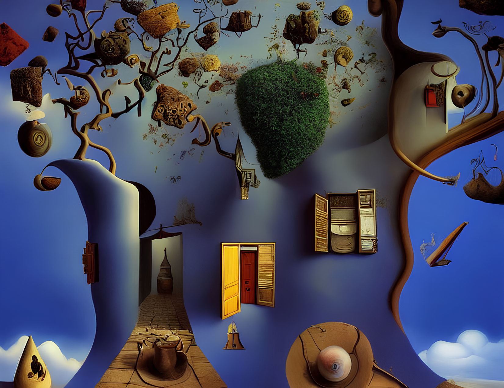 Surreal floating objects: tree, doors, furniture on blue sky.