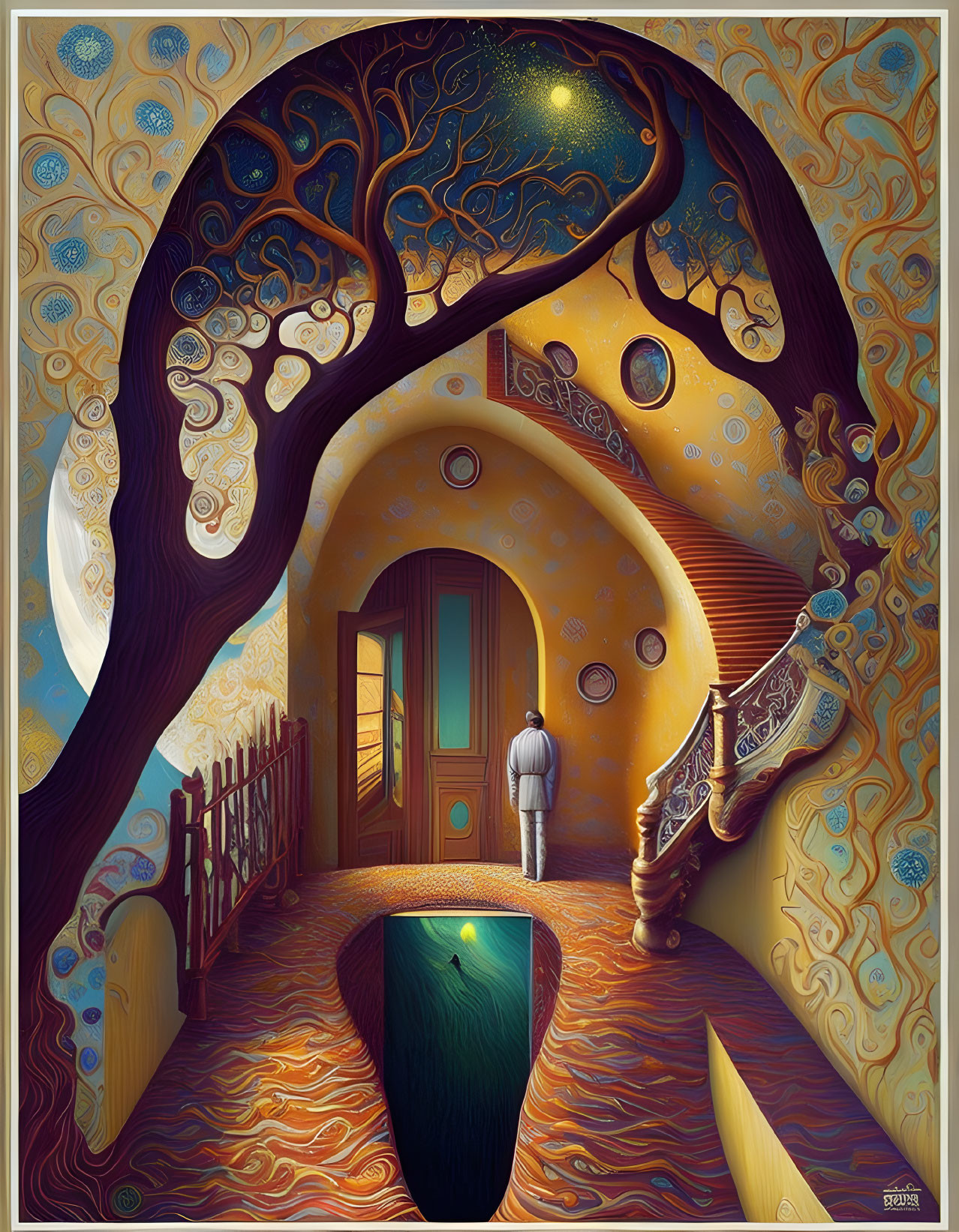 Surrealist image: person, whimsical house, golden swirls, ladder to starry sky
