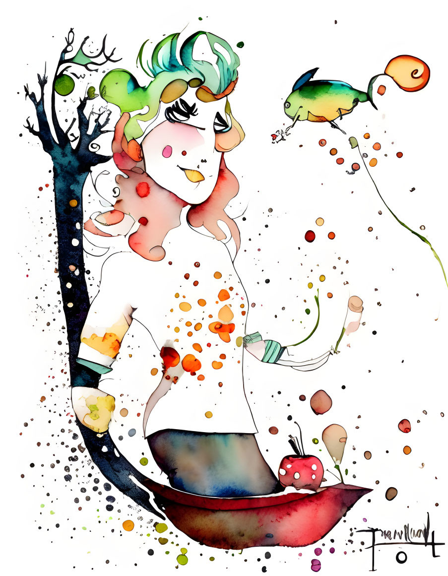 Colorful watercolor illustration: Woman with tree-like hair and bird in whimsical scene