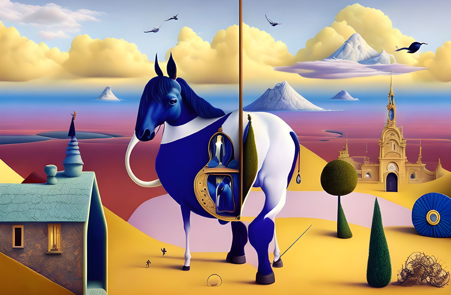 Surreal landscape featuring blue horse with lantern amidst whimsical structures