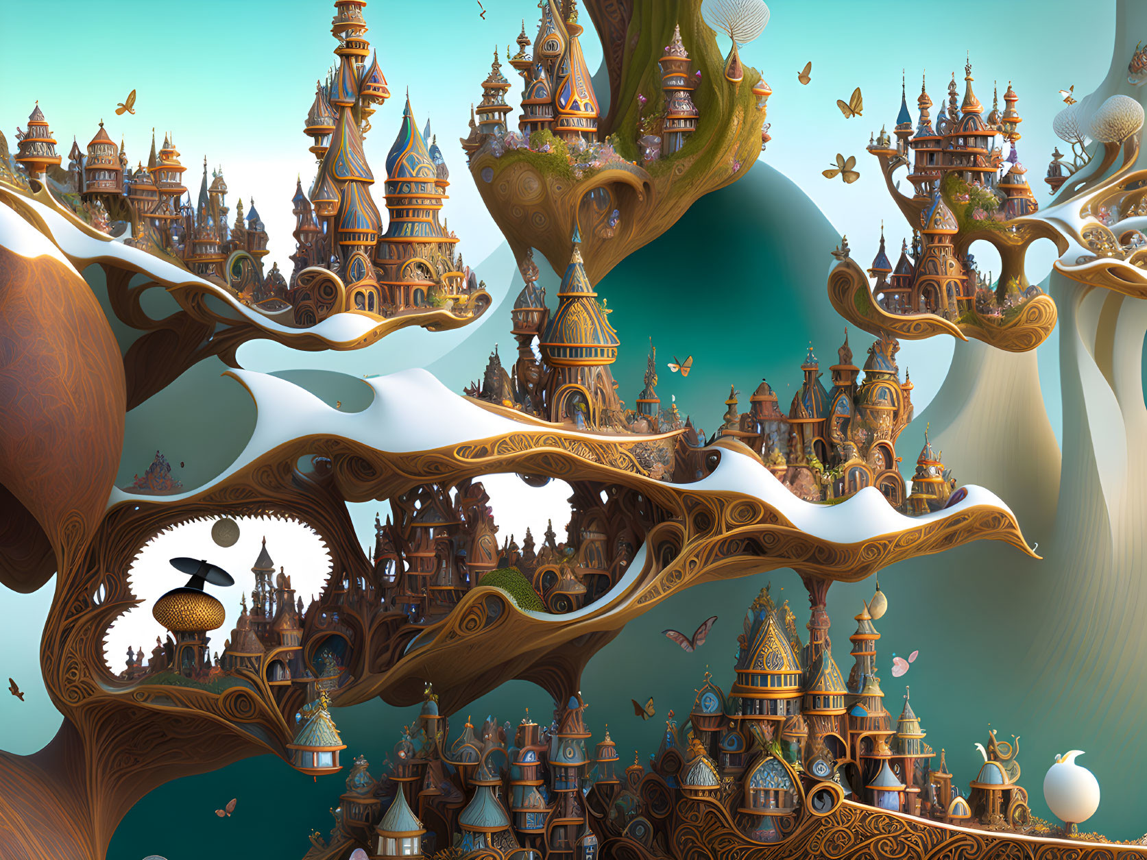 Fantastical landscape with castle-like structures on floating islands under turquoise sky